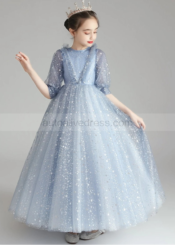 Elbow Sleeves Blue Star Lace Tulle Flower Girl Dress